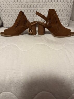 Target Brown Laser-Cut Peep-Toe Block Heel Sandals